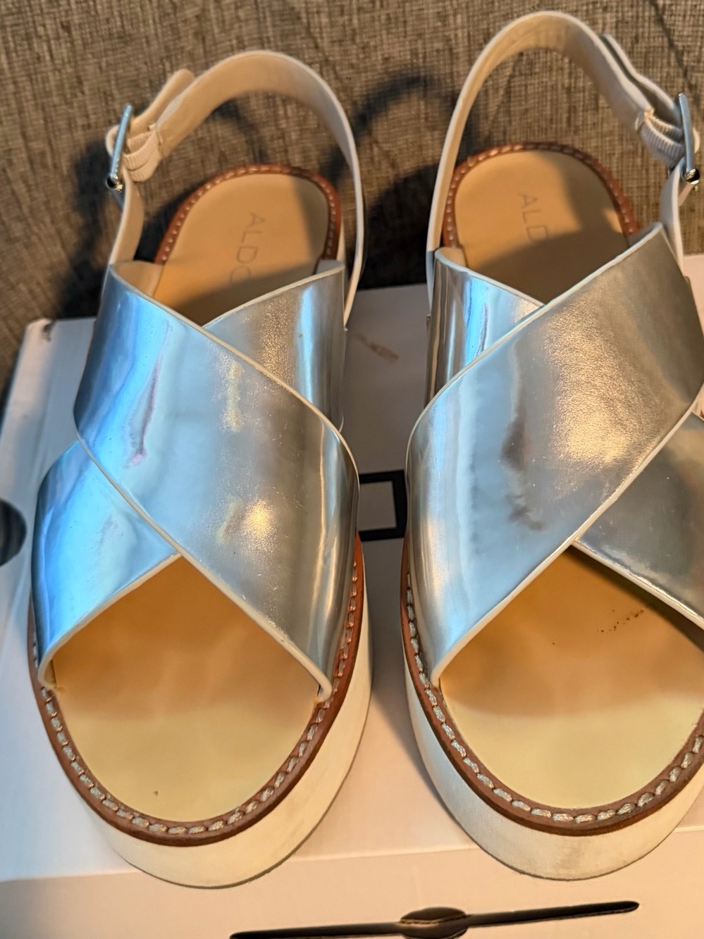 Aldo Silver Metallic Crisscross Platform Slingback Sandals